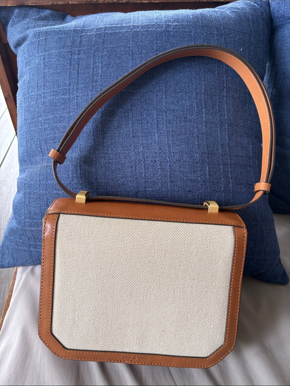 Rag & Bone New York Tan Leather and Canvas Shoulder Bag Adjustable Strap w/dusty - Picture 3 of 16